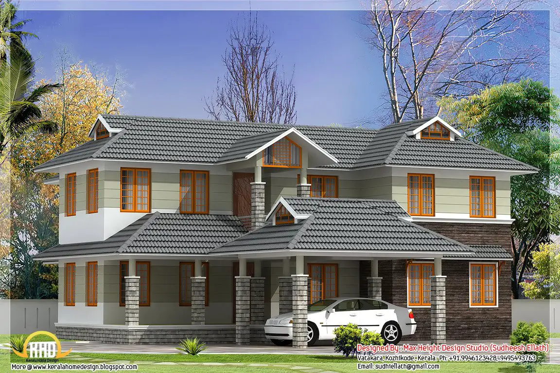 2500 Sq.Ft. sloping roof Indian house elevation