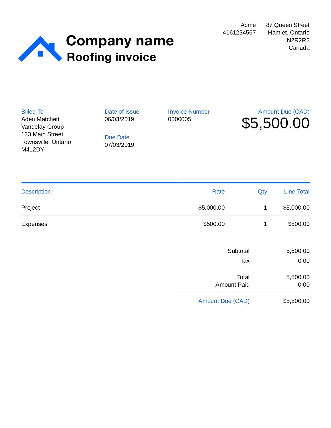 Free Roofing Invoice Template. Customize and Send in 90 Seconds